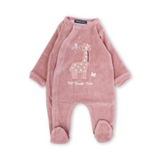Baby Girls Velvet Footie – Salmon with Giraffe Embroidery