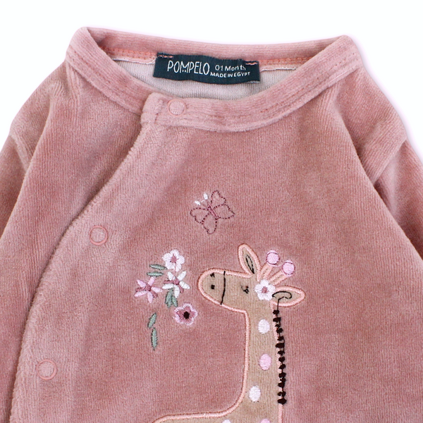 Baby Girls Velvet Footie – Salmon with Giraffe Embroidery