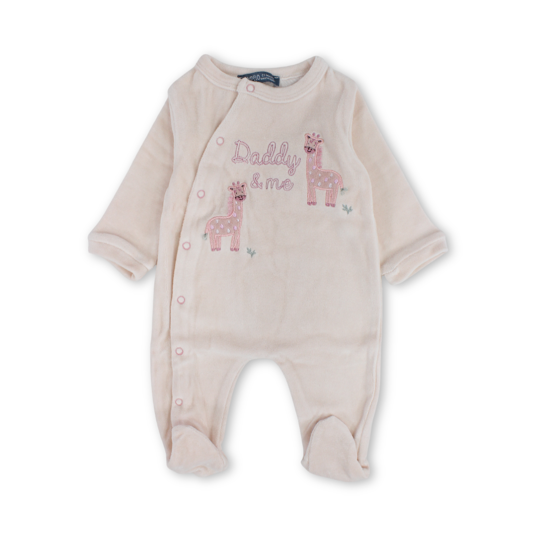 Baby Girls Velvet Footie – Baby Pink with Giraffe Embroidery