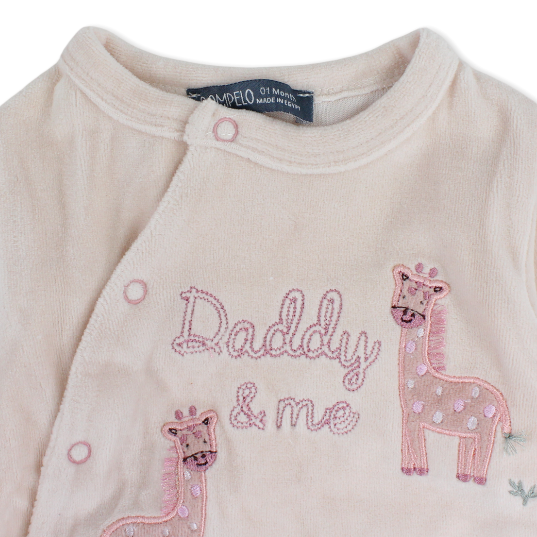 Baby Girls Velvet Footie – Baby Pink with Giraffe Embroidery