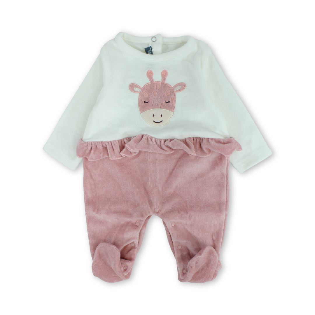Baby Girls Velvet Footie – Off-White & Dusty Pink with Giraffe Embroidery