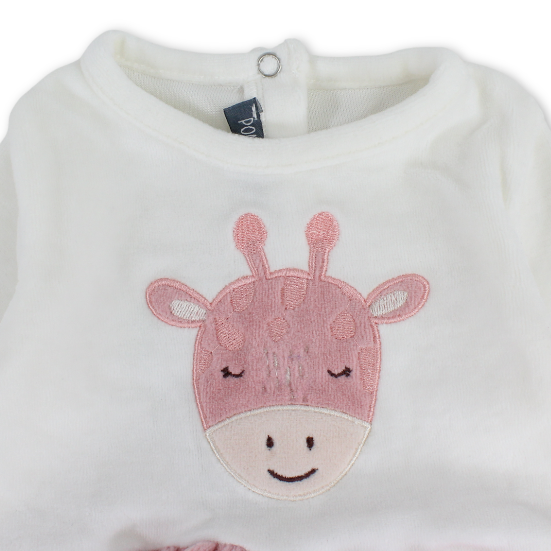 Baby Girls Velvet Footie – Off-White & Dusty Pink with Giraffe Embroidery