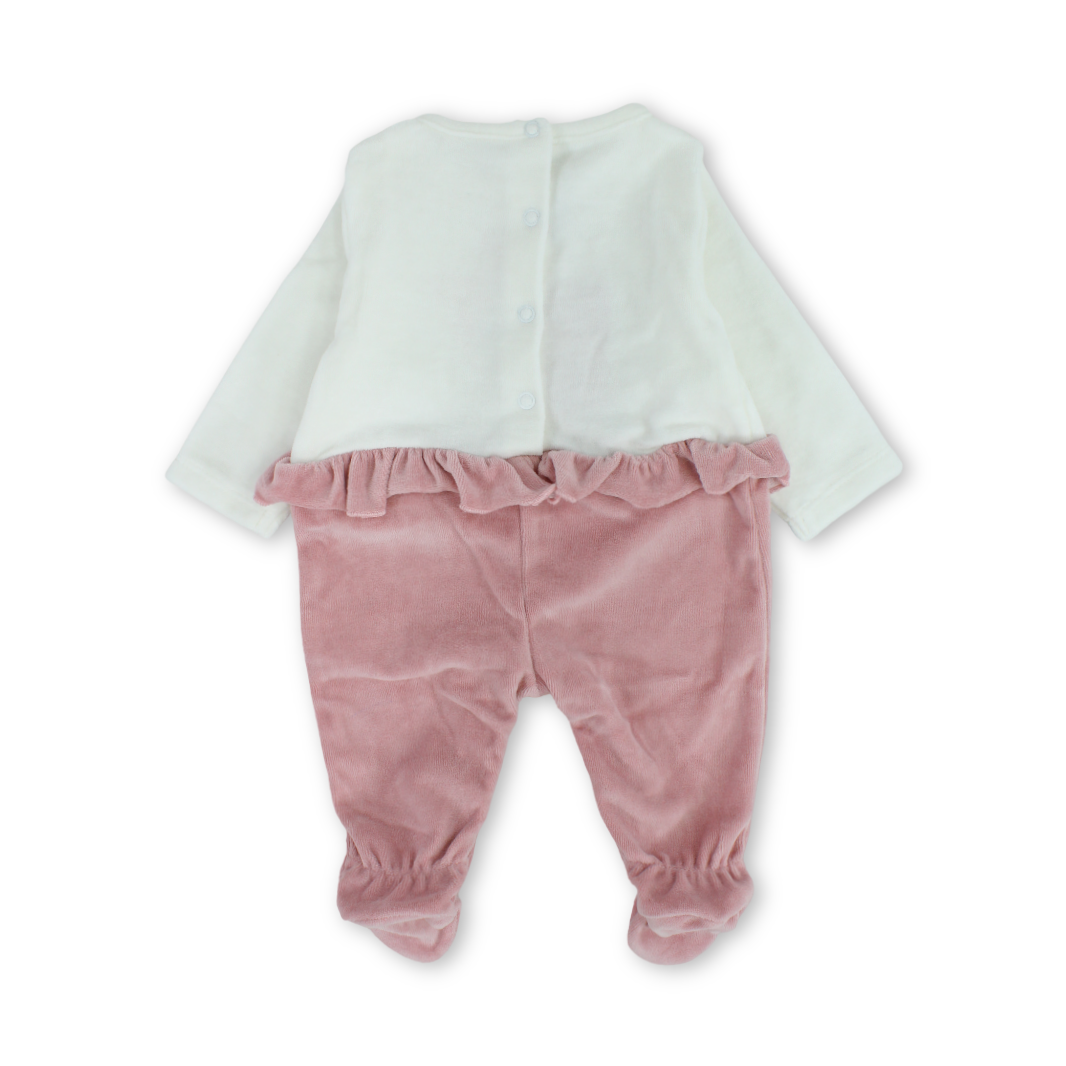 Baby Girls Velvet Footie – Off-White & Dusty Pink with Giraffe Embroidery