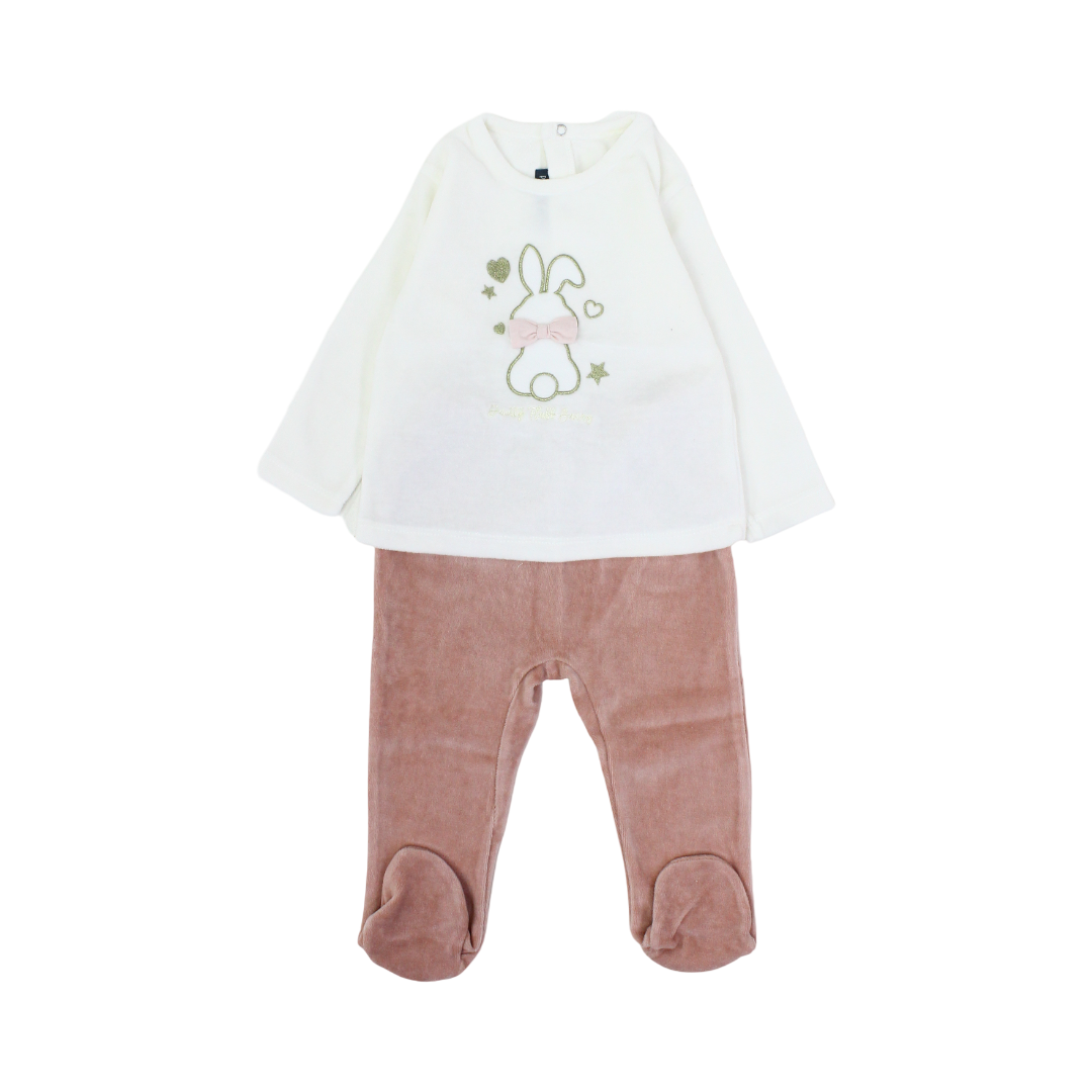Baby Girls Outfit Set – Off-White & Dusty Pink with Bunny Embroidery - Clothing - Pompelo