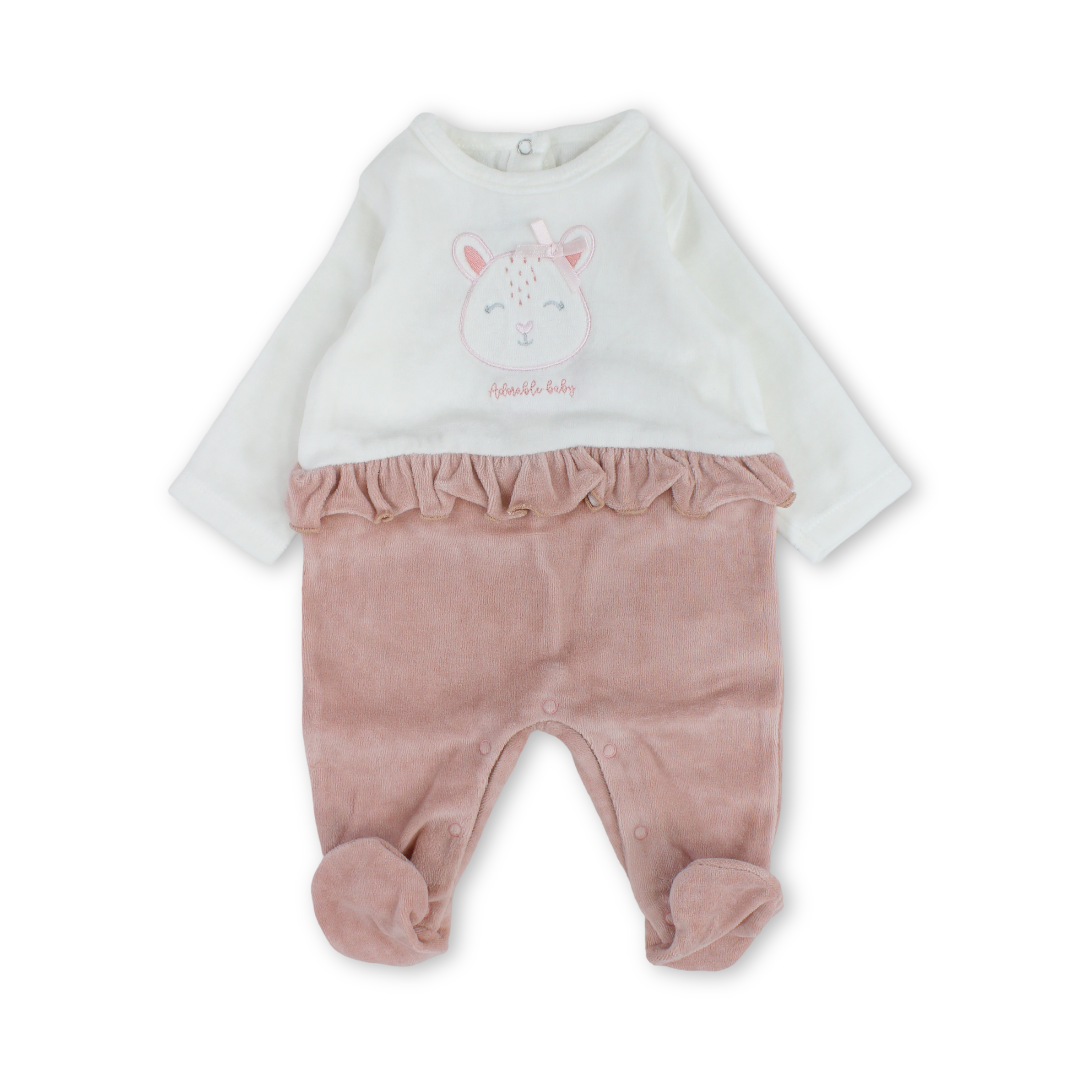 Baby Girls Velvet Footie – Off-White & Dusty Pink with Bunny Embroidery