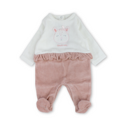 Baby Girls Velvet Footie – Off-White & Dusty Pink with Bunny Embroidery