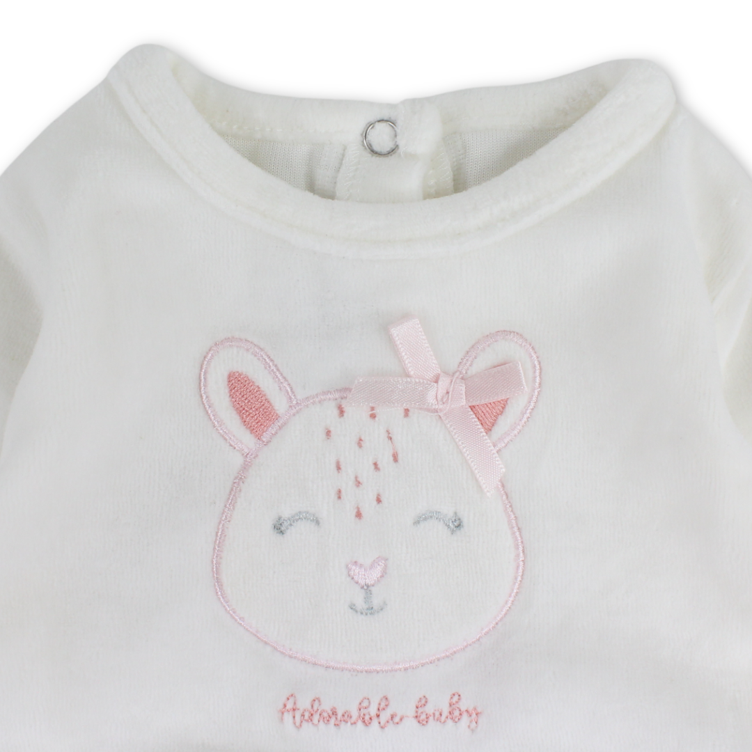 Baby Girls Velvet Footie – Off-White & Dusty Pink with Bunny Embroidery