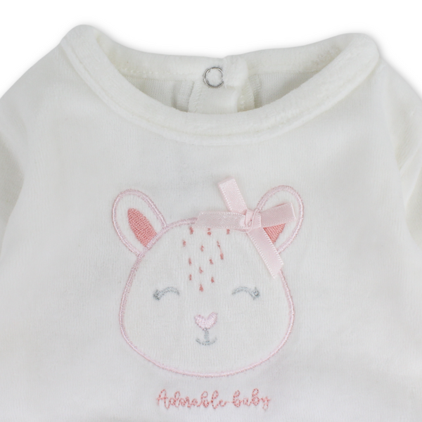 Baby Girls Velvet Footie – Off-White & Dusty Pink with Bunny Embroidery
