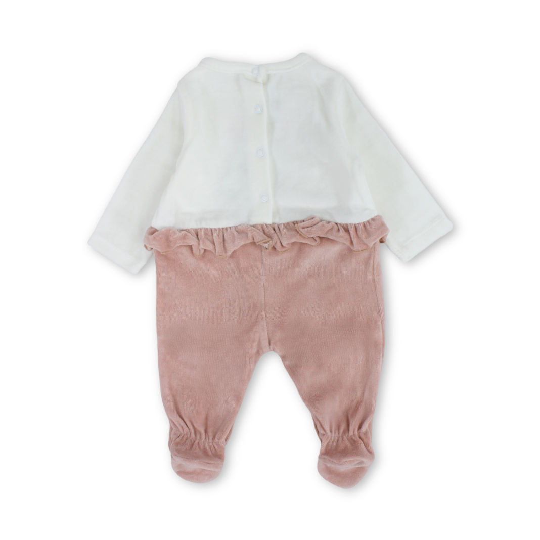 Baby Girls Velvet Footie – Off-White & Dusty Pink with Bunny Embroidery