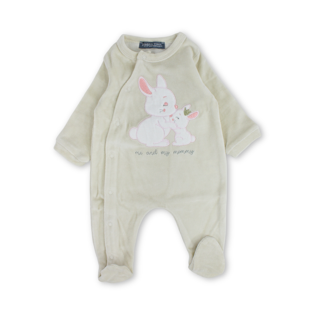 Baby Girls Velvet Footie – Beige with Bunny Embroidery