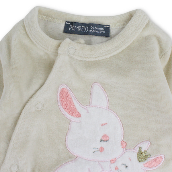 Baby Girls Velvet Footie – Beige with Bunny Embroidery