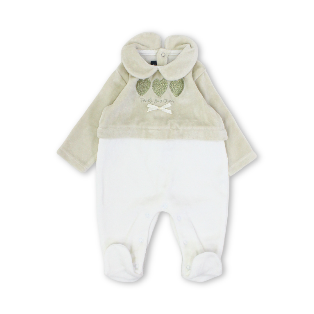 Baby Girls Velvet Footie – Beige & Off-White with Balloon Embroidery