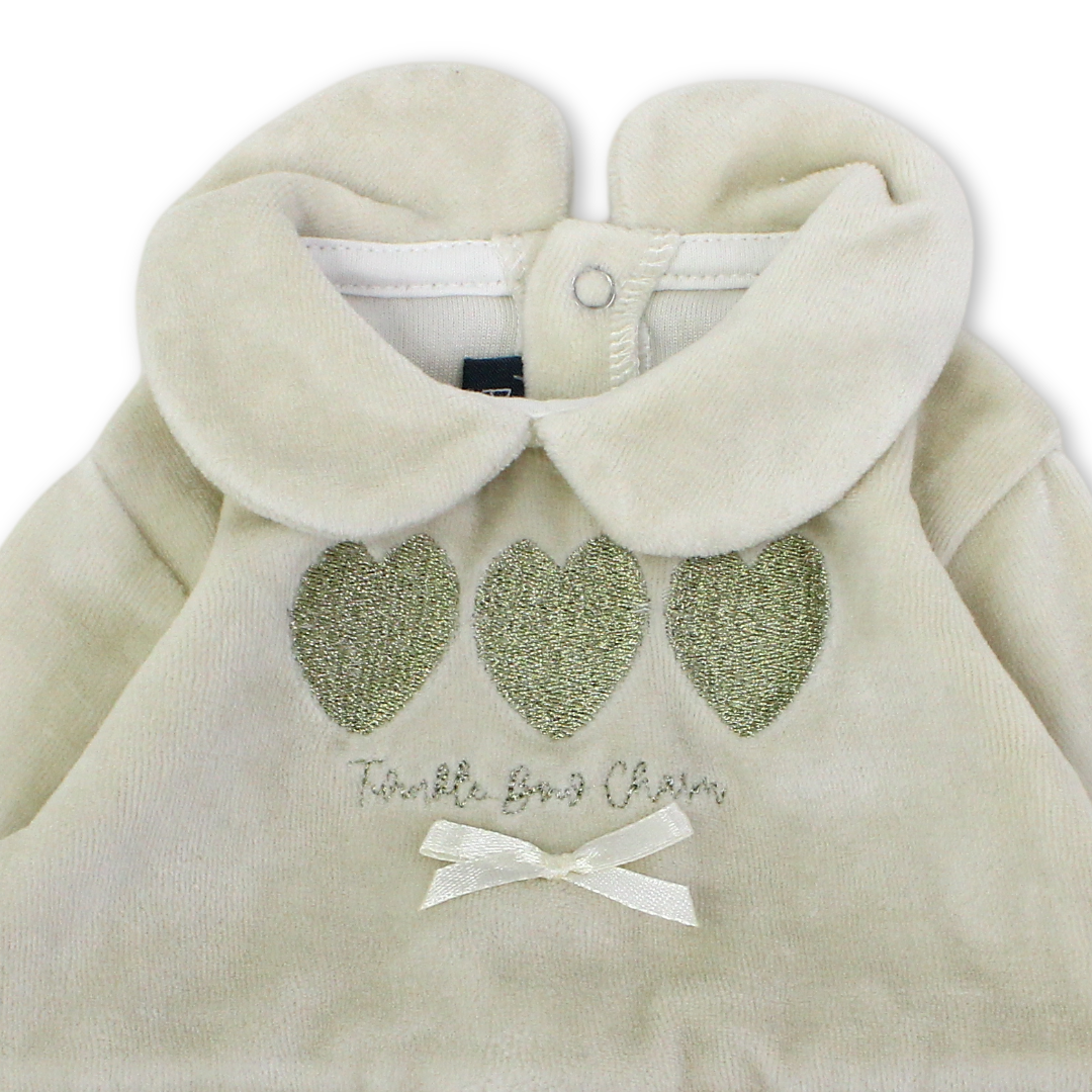 Baby Girls Velvet Footie – Beige & Off-White with Balloon Embroidery