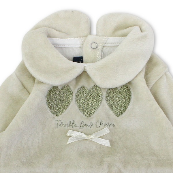 Baby Girls Velvet Footie – Beige & Off-White with Balloon Embroidery