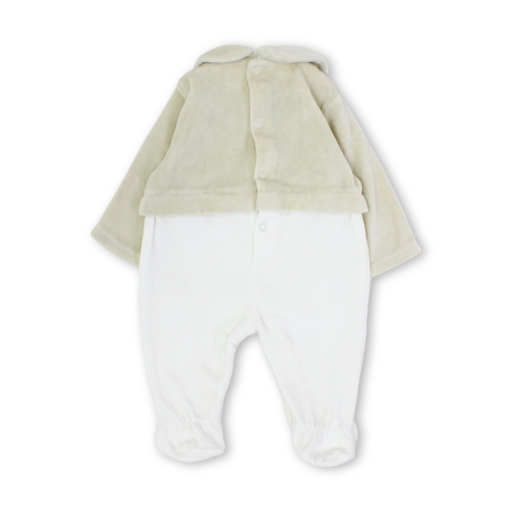 Baby Girls Velvet Footie – Beige & Off-White with Balloon Embroidery