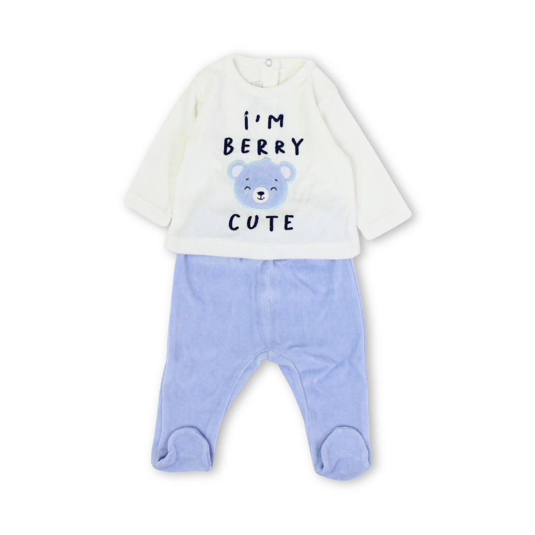 Baby Boys Velvet Outfit Set – Off-White & Baby Blue with Bear Embroidery