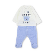 Baby Boys Velvet Outfit Set – Off-White & Baby Blue with Bear Embroidery