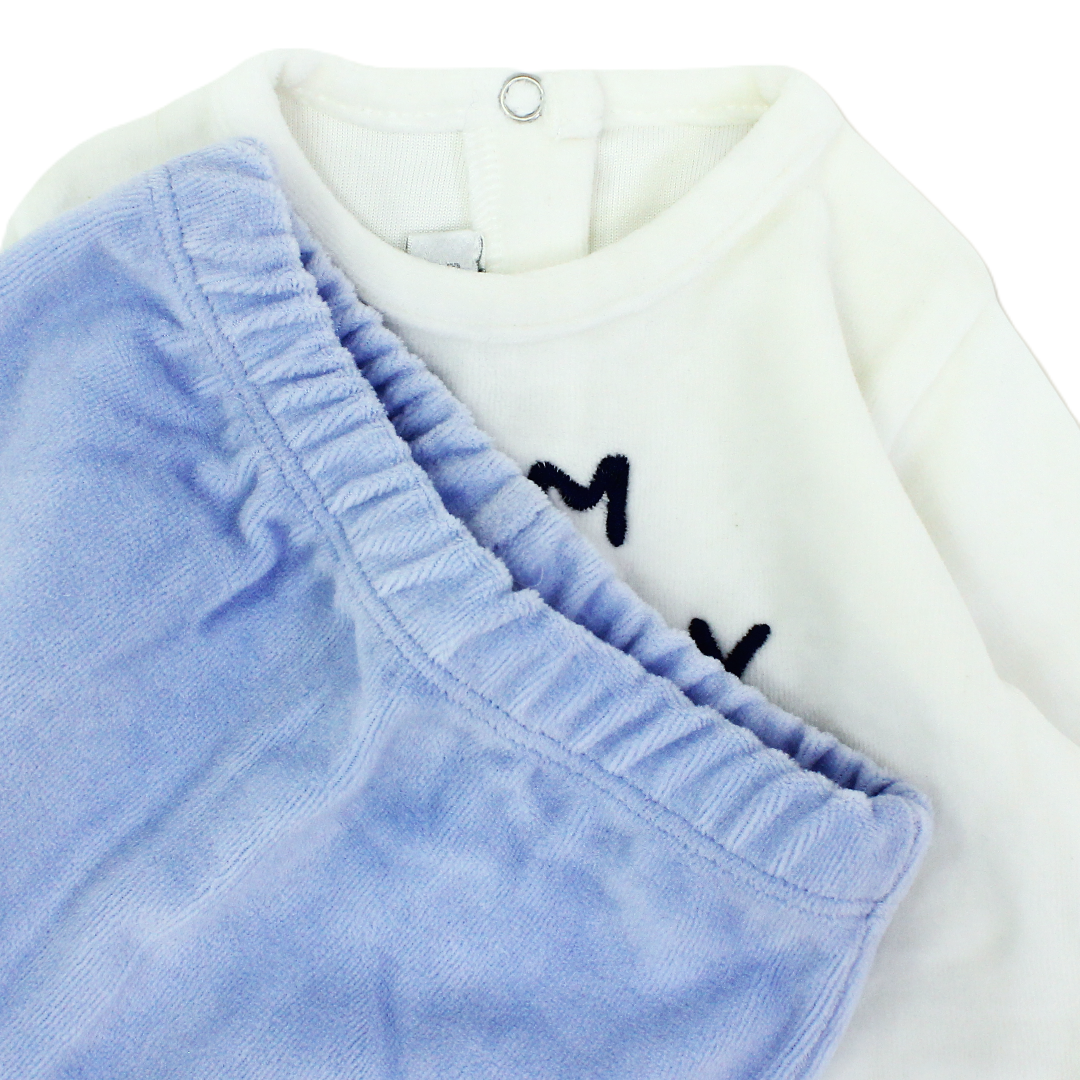 Baby Boys Velvet Outfit Set – Off-White & Baby Blue with Bear Embroidery