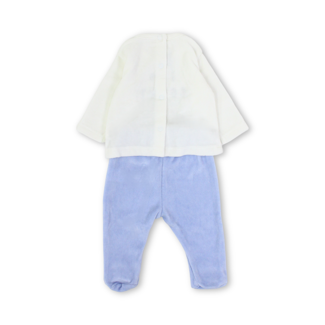 Baby Boys Velvet Outfit Set – Off-White & Baby Blue with Bear Embroidery