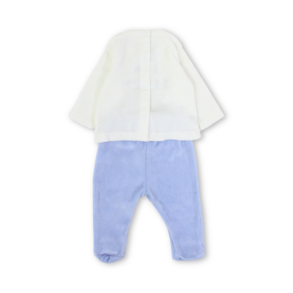 Baby Boys Velvet Outfit Set – Off-White & Baby Blue with Bear Embroidery