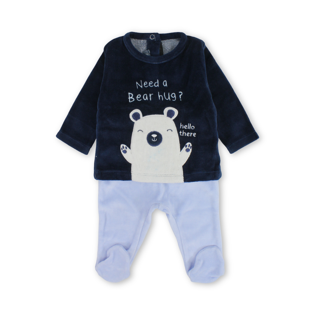 Baby Boys Velvet Outfit Set – Navy Blue & Baby Blue with Bear Embroidery