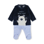 Baby Boys Velvet Outfit Set – Navy Blue & Baby Blue with Bear Embroidery
