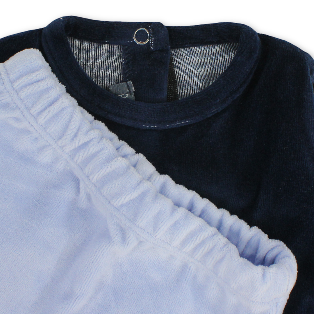 Baby Boys Velvet Outfit Set – Navy Blue & Baby Blue with Bear Embroidery