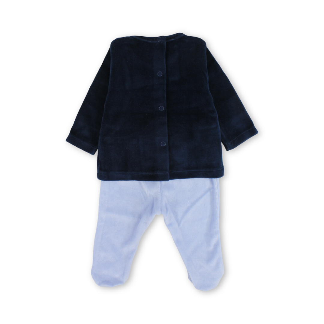 Baby Boys Velvet Outfit Set – Navy Blue & Baby Blue with Bear Embroidery