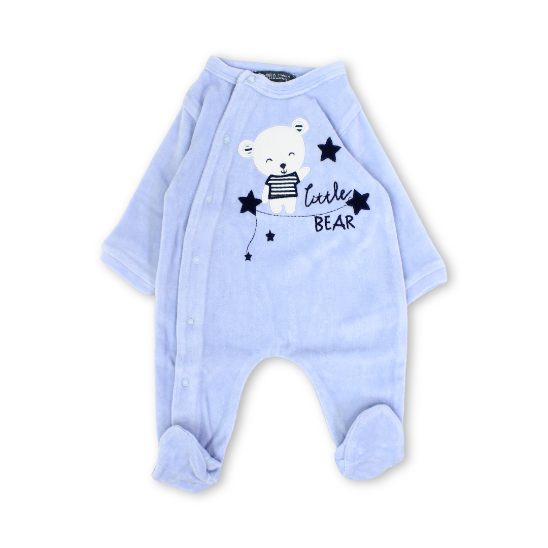 Baby Boys Velvet Footie – Baby Blue with Bear Embroidery