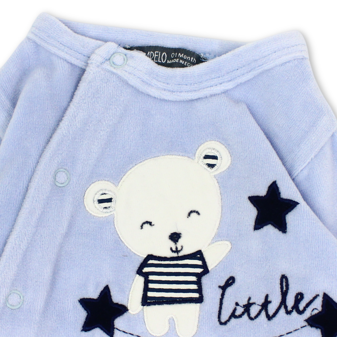 Baby Boys Velvet Footie – Baby Blue with Bear Embroidery