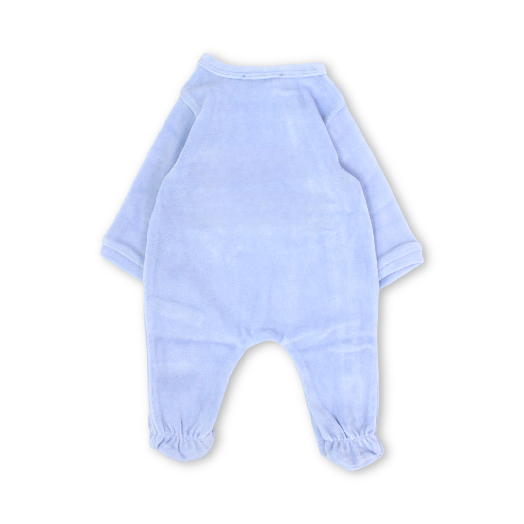 Baby Boys Velvet Footie – Baby Blue with Bear Embroidery