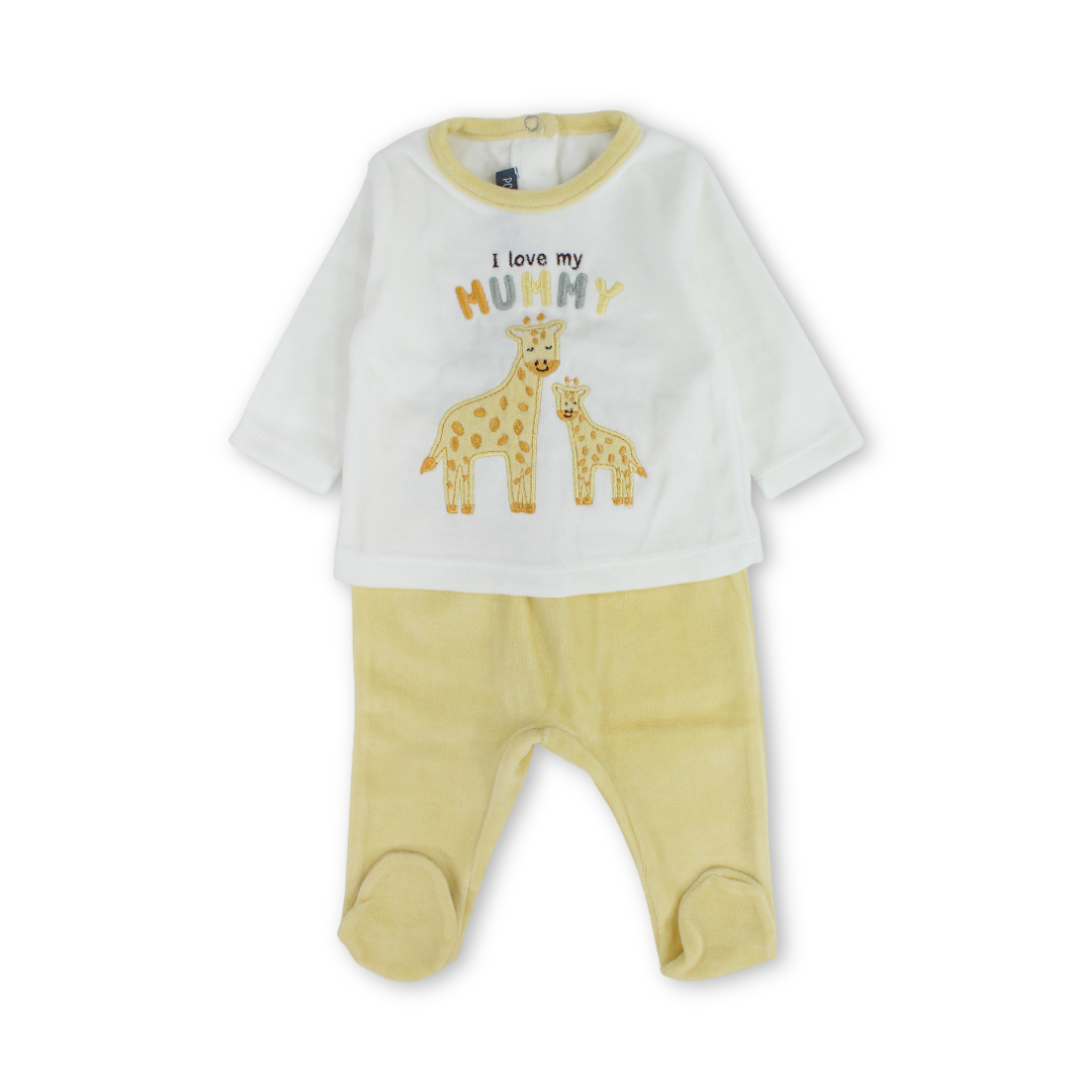 Baby Boys Velvet Outfit Set – Off-White & Yellow with Giraffe Embroidery