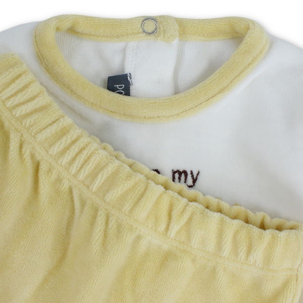 Baby Boys Velvet Outfit Set – Off-White & Yellow with Giraffe Embroidery