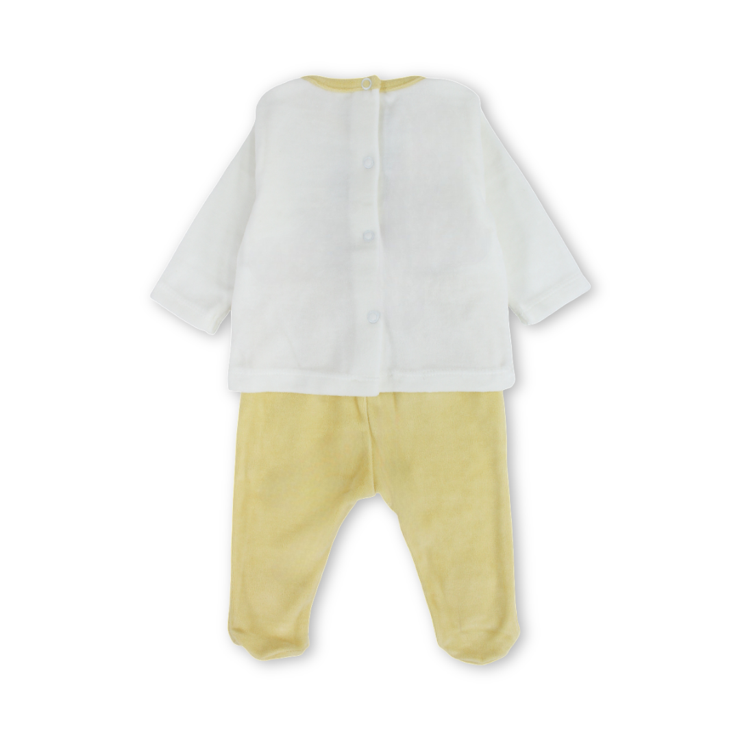 Baby Boys Velvet Outfit Set – Off-White & Yellow with Giraffe Embroidery