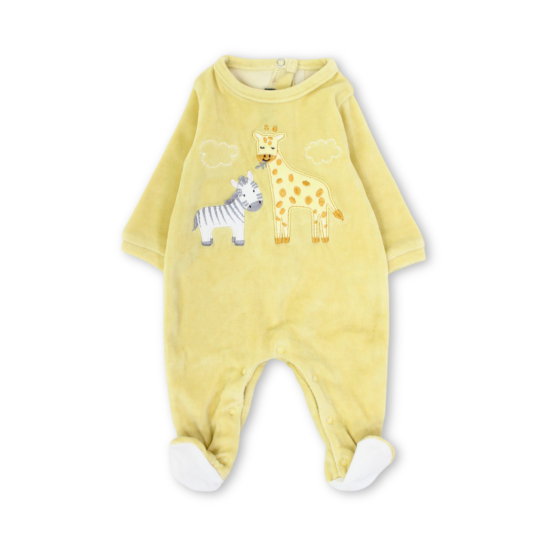 Baby Girls Velvet Footie – Yellow with Giraffe & Zebra Embroidery