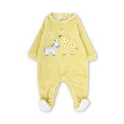 Baby Girls Velvet Footie – Yellow with Giraffe & Zebra Embroidery