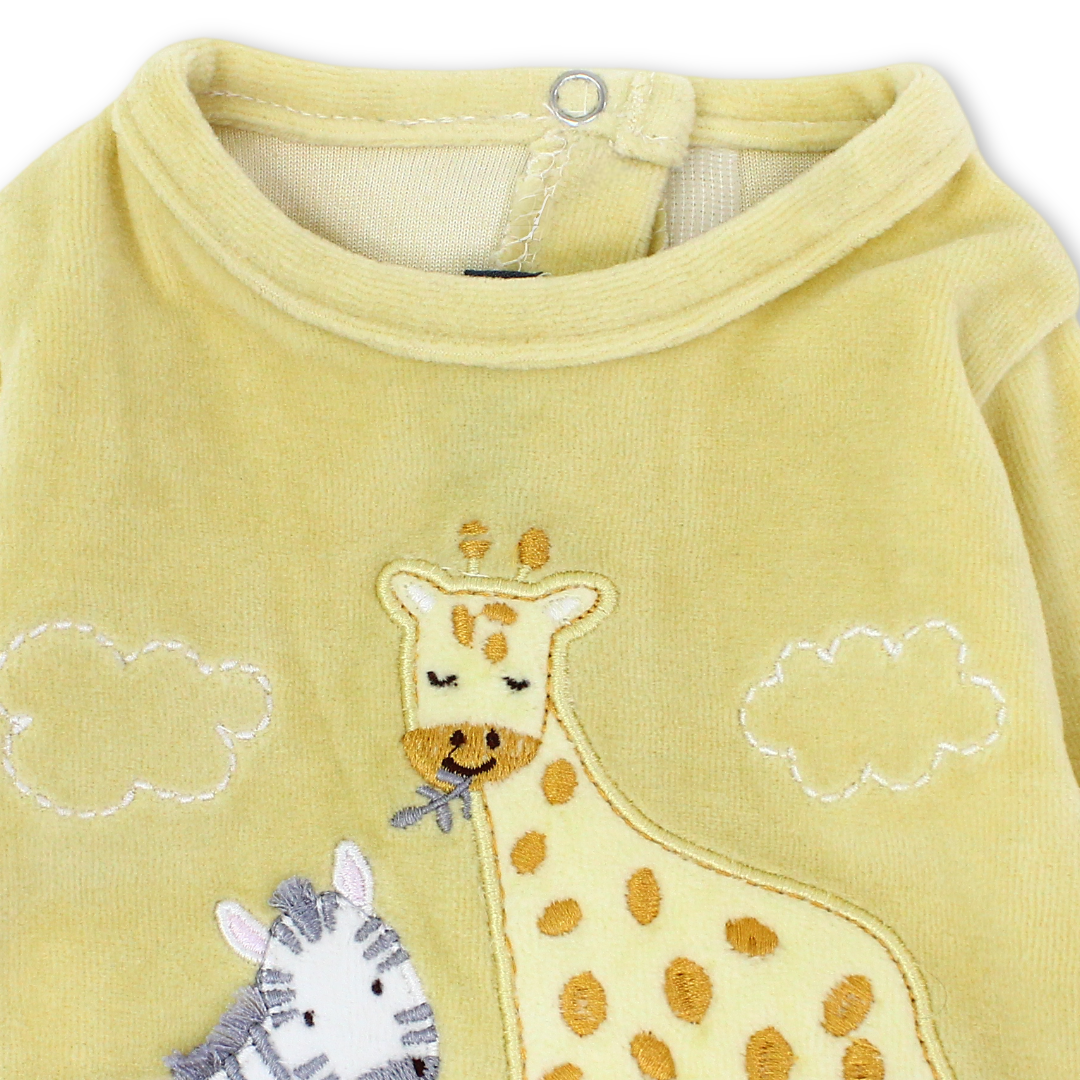 Baby Girls Velvet Footie – Yellow with Giraffe & Zebra Embroidery