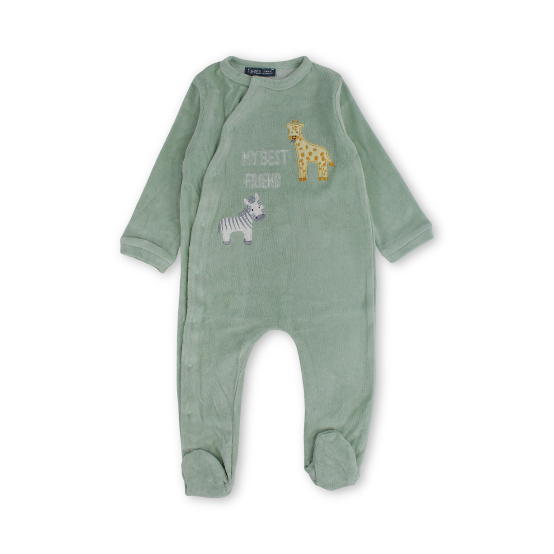 Baby Boys Velvet Footie – Light Mint with Animal Embroidery