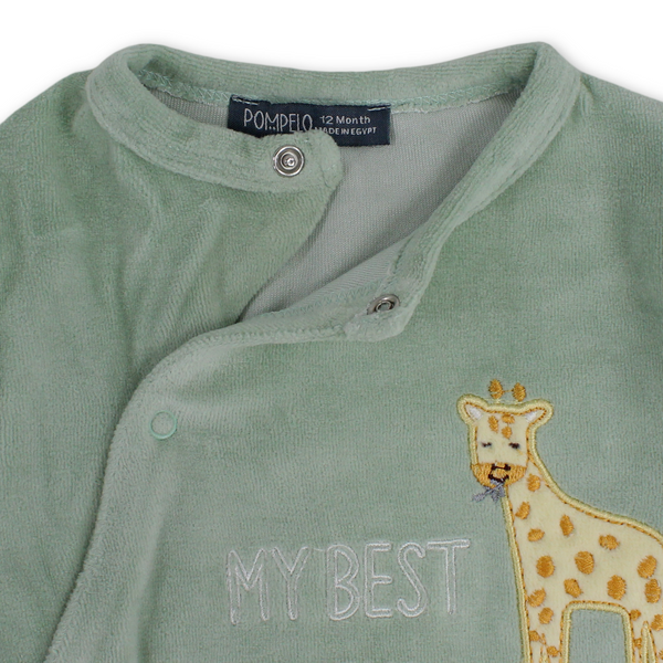 Baby Boys Velvet Footie – Light Mint with Animal Embroidery