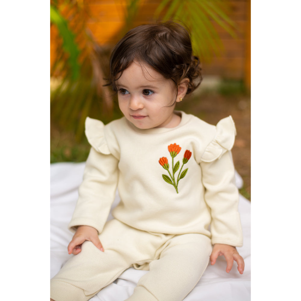 Baby Girls Cotton Footless Onesie – 2-Piece Off-White with Floral Embroidery & Matching Vest