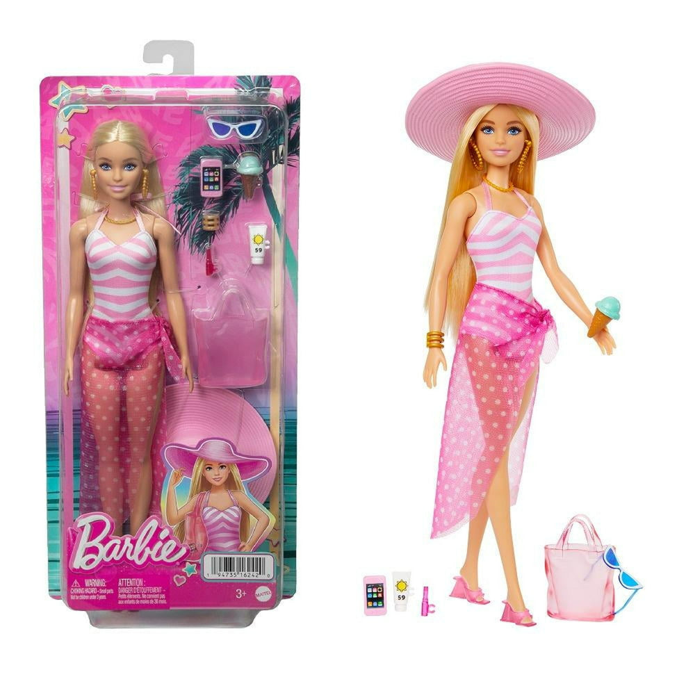 Mattel Barbie Beach Blonde Doll – Pink & White Swimsuit, Accessories, and Beach Bag