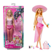 Mattel Barbie Beach Blonde Doll – Pink & White Swimsuit, Accessories, and Beach Bag
