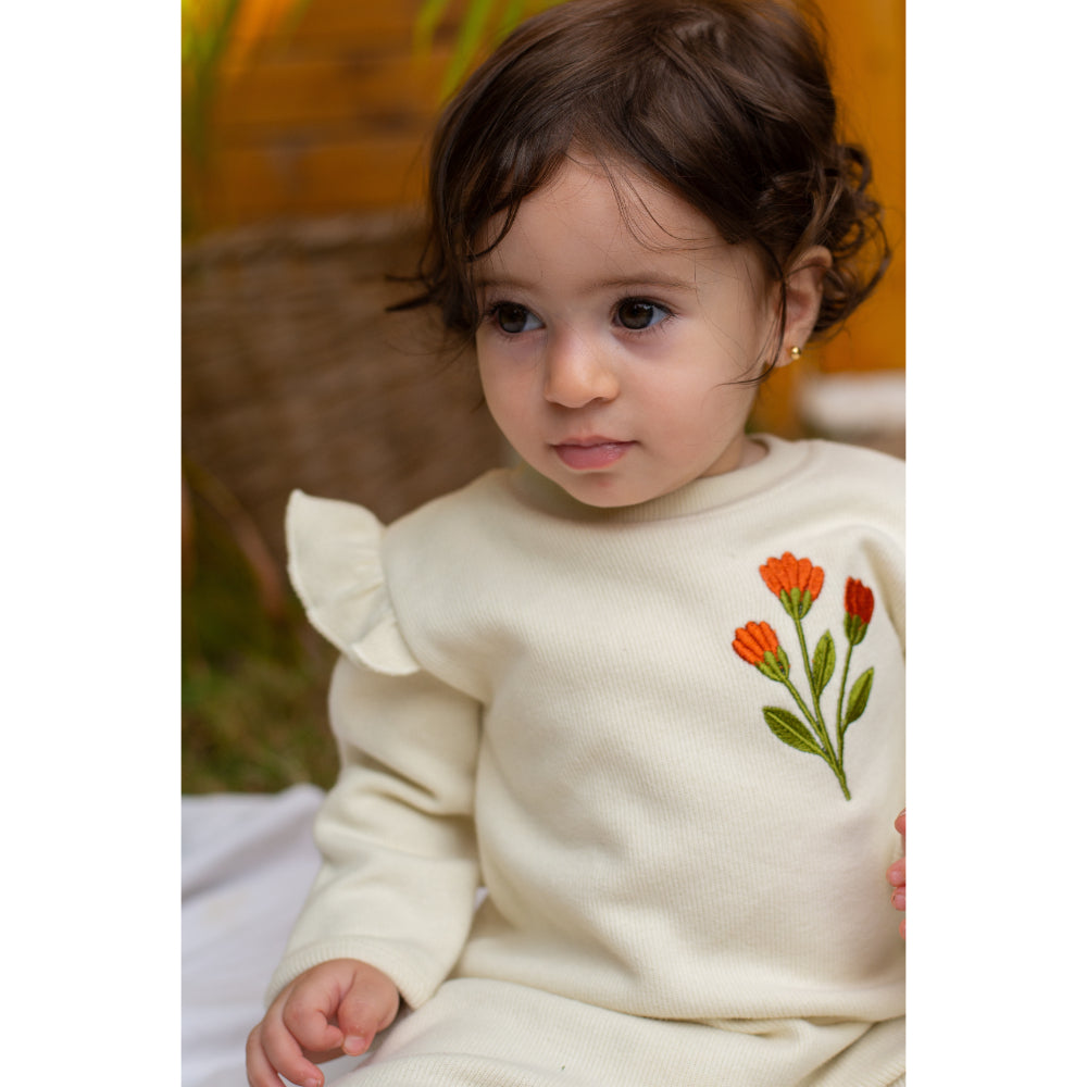 Baby Girls Cotton Footless Onesie – 2-Piece Off-White with Floral Embroidery & Matching Vest