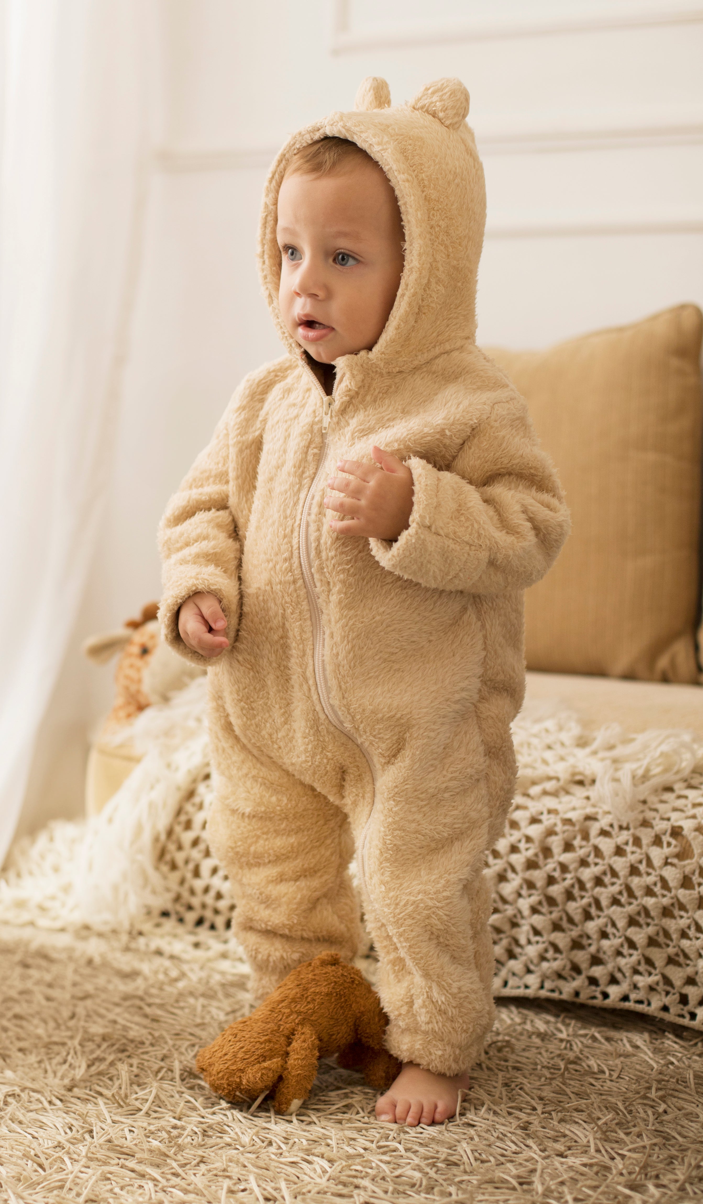 Unisex Baby Teddy Fleeced Hooded Footless Onesie – Beige