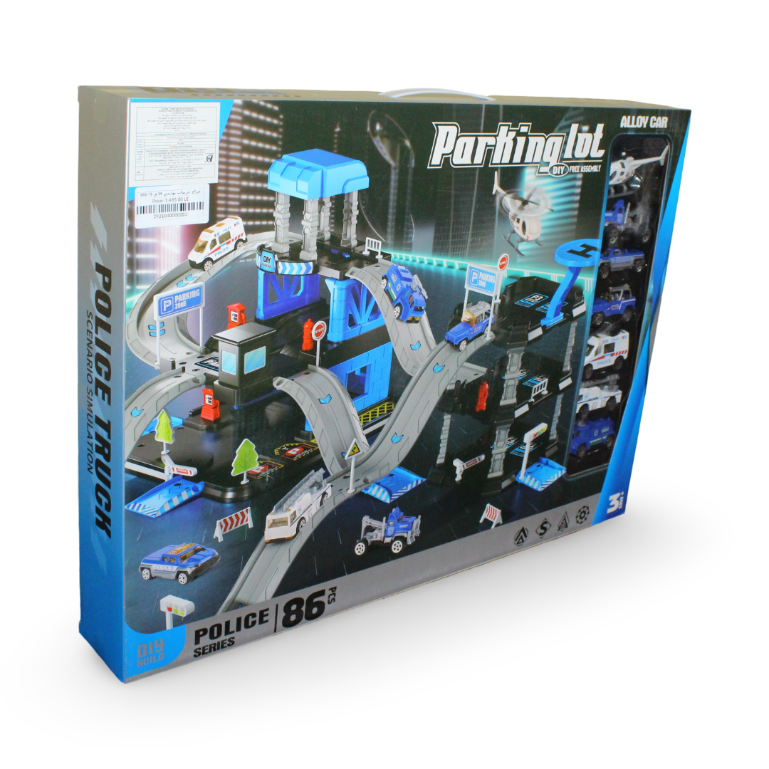 Police Parking Garage Playset with 6 Vehicles, Helicopter & Accessories – 86 Pcs - OKO