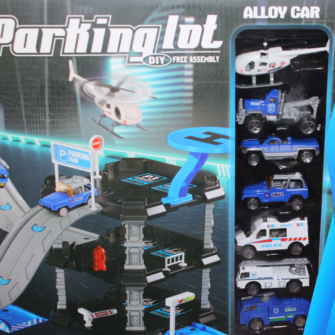 Police Parking Garage Playset with 6 Vehicles, Helicopter & Accessories – 86 Pcs