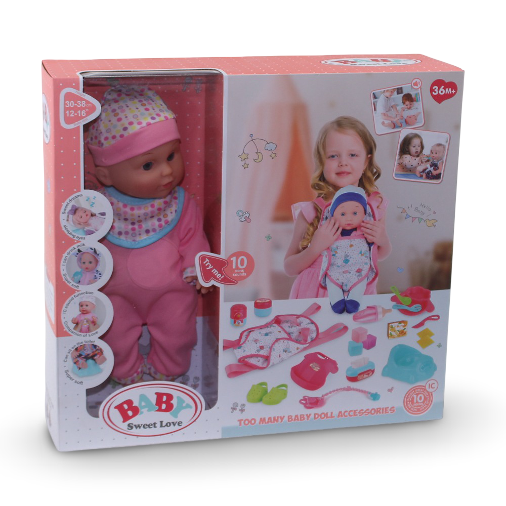 Baby Sweet Love Doll Play Set with Carrier & Accessories – 35 cm & 10 Sounds