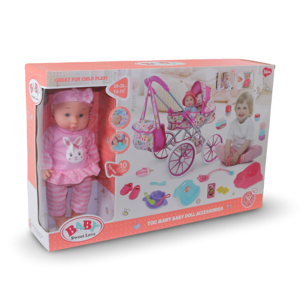 Baby Sweet Love Doll Play Set with 4-Wheel Baby Stroller & Accessories – 35 cm & 10 Sounds