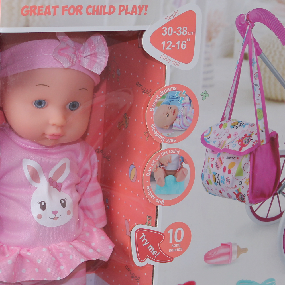 Baby Sweet Love Doll Play Set with 4-Wheel Baby Stroller & Accessories – 35 cm & 10 Sounds