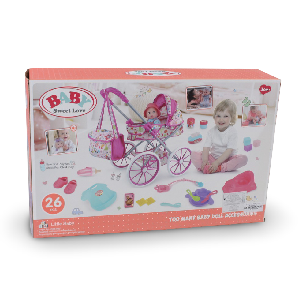 Baby Sweet Love Doll Play Set with 4-Wheel Baby Stroller & Accessories – 35 cm & 10 Sounds